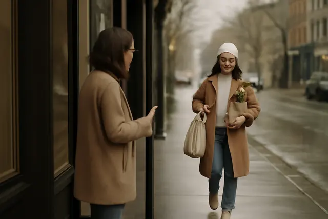 Person holding a shop door open, waiting for someone with full hands to approach