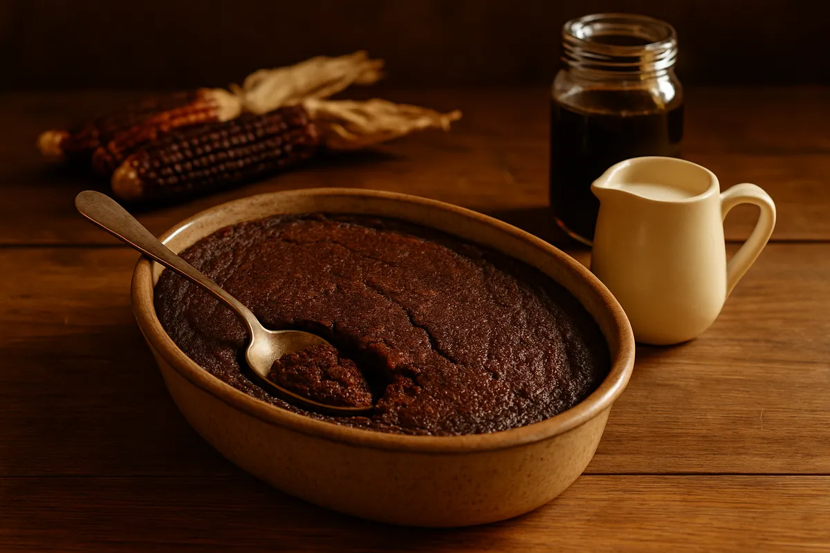 Rustic stoneware dish of dark baked cornmeal pudding cooling on a wooden table