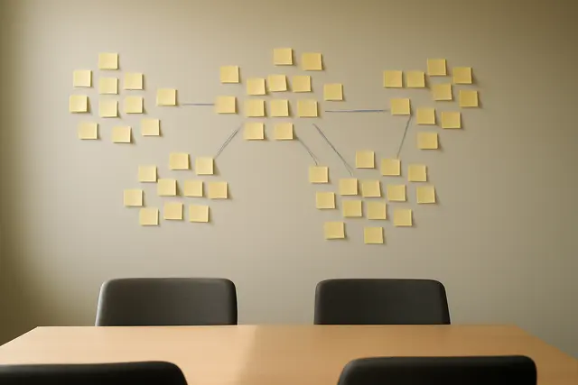 Meeting room wall covered in clustered sticky notes with marker lines between them
