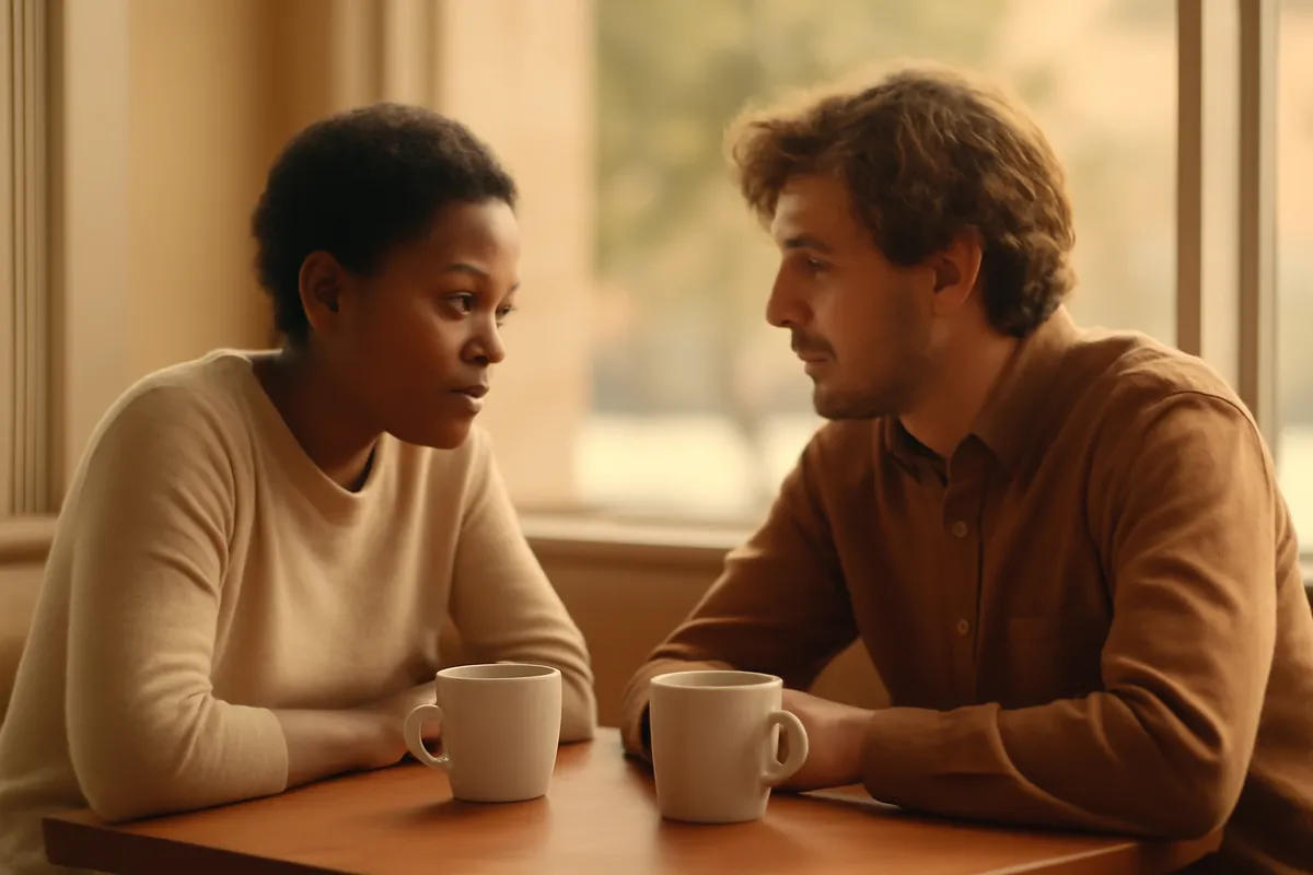 Two people at a small table mid-conversation, one leaning in and listening closely