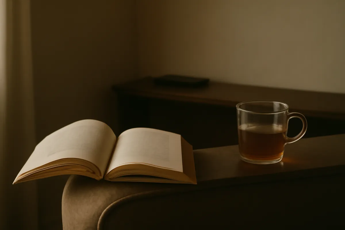 Open paperback face down on a chair arm beside a cup of tea, phone face down across the room