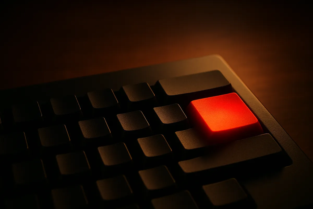 A keyboard with blank keys and one large key glowing red
