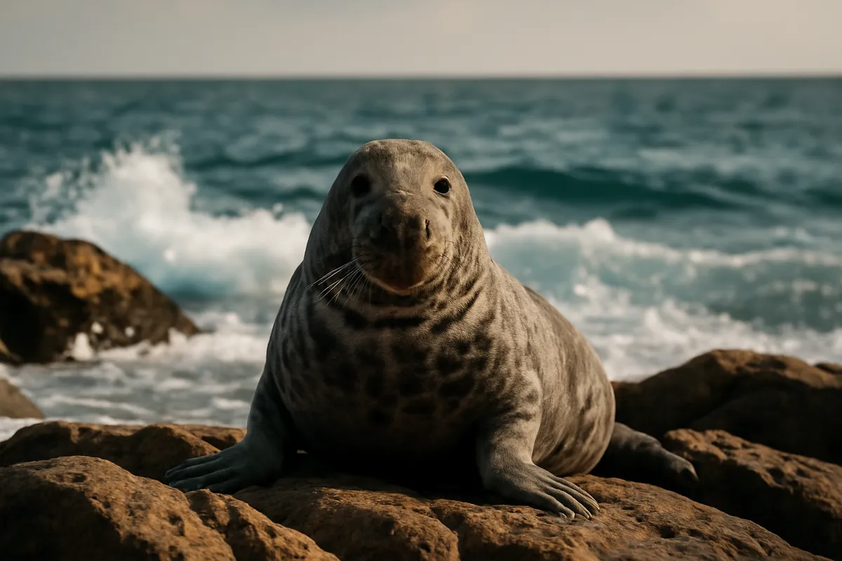Gray seal hauled out on a rocky shore with wet whiskers catching the light