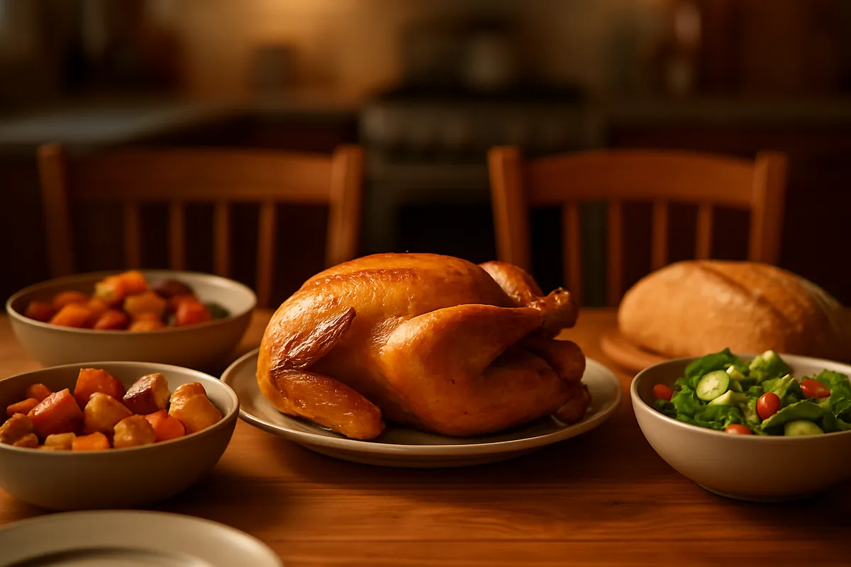 A family dinner table with roast chicken, roasted vegetables, salad and bread