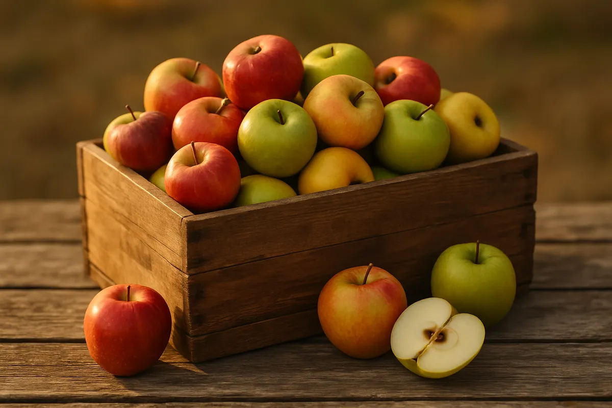 Wooden crate of mixed red and green apples with one cut in half on weathered planks