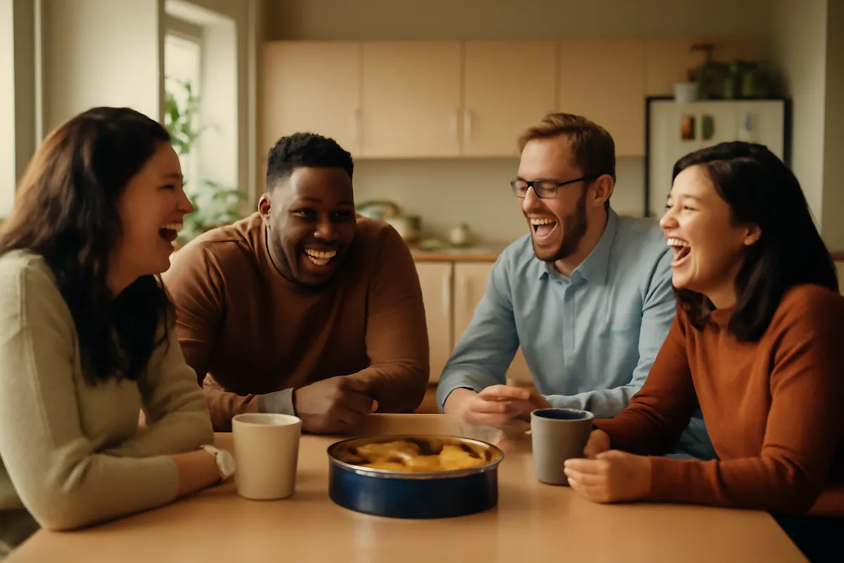 Colleagues laughing around an office kitchen table with mugs and an open biscuit tin