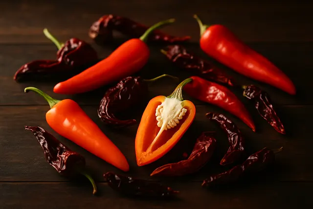 Fresh and dried chilies on a dark board with one sliced open showing pale inner pith