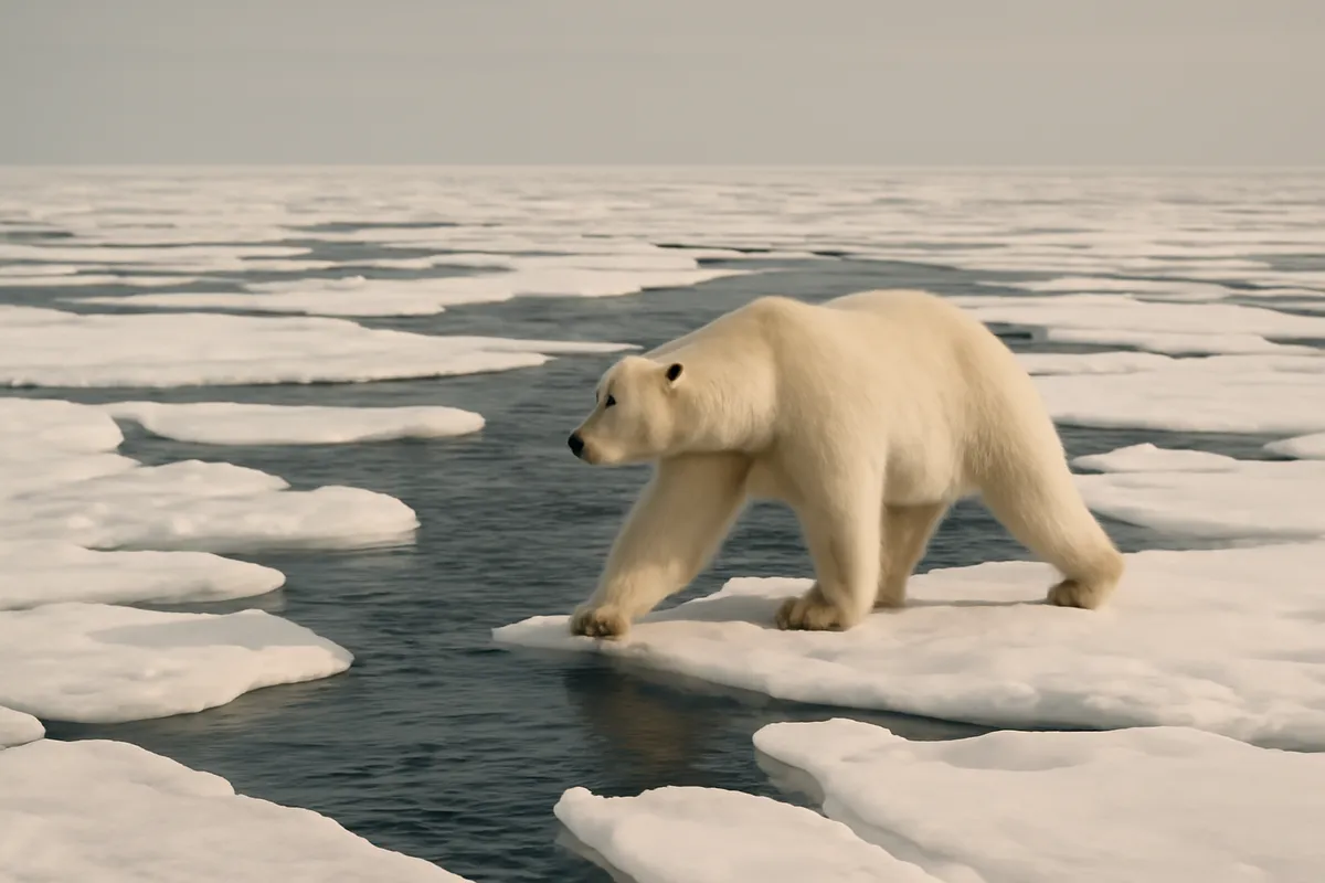 Polar bear walking across broken sea ice with dark open water between the floes