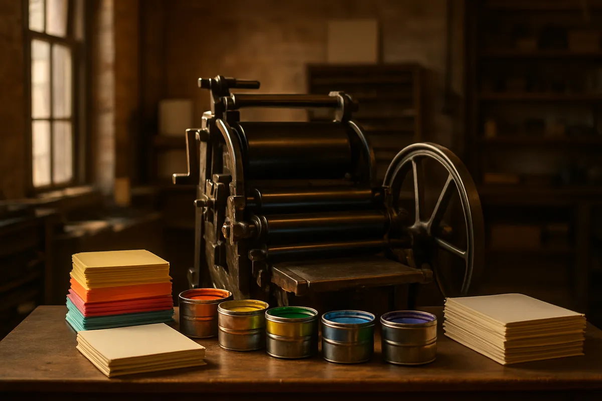 An antique printing press with inked rollers and stacks of colorful paper