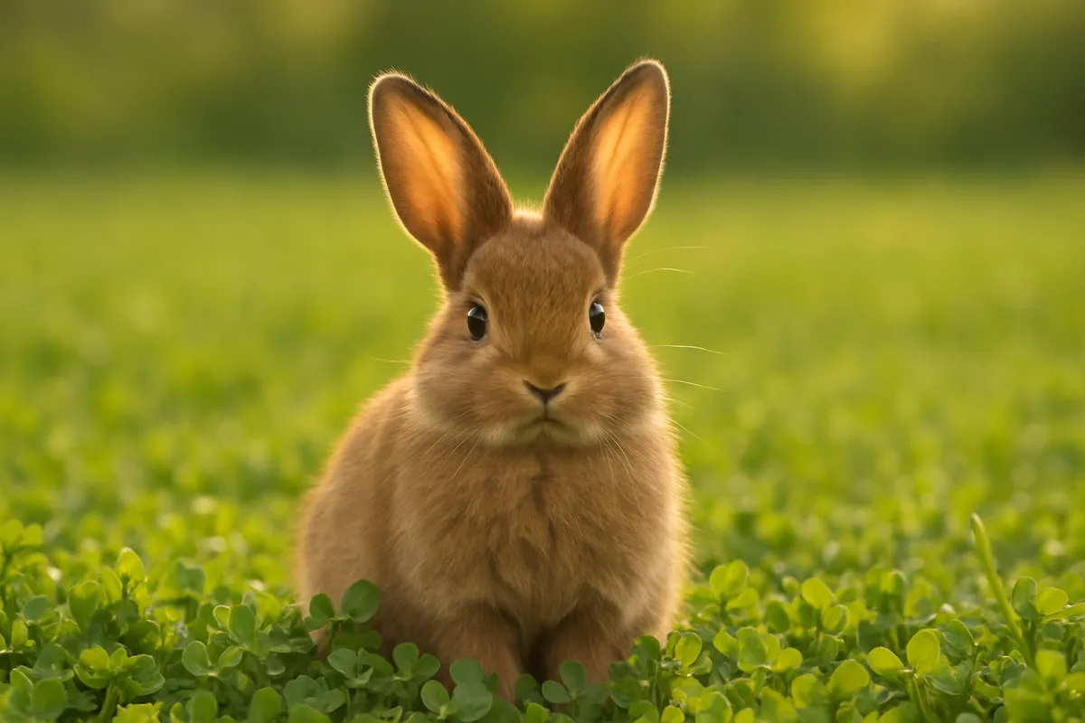A fluffy brown rabbit sitting in clover in a green meadow