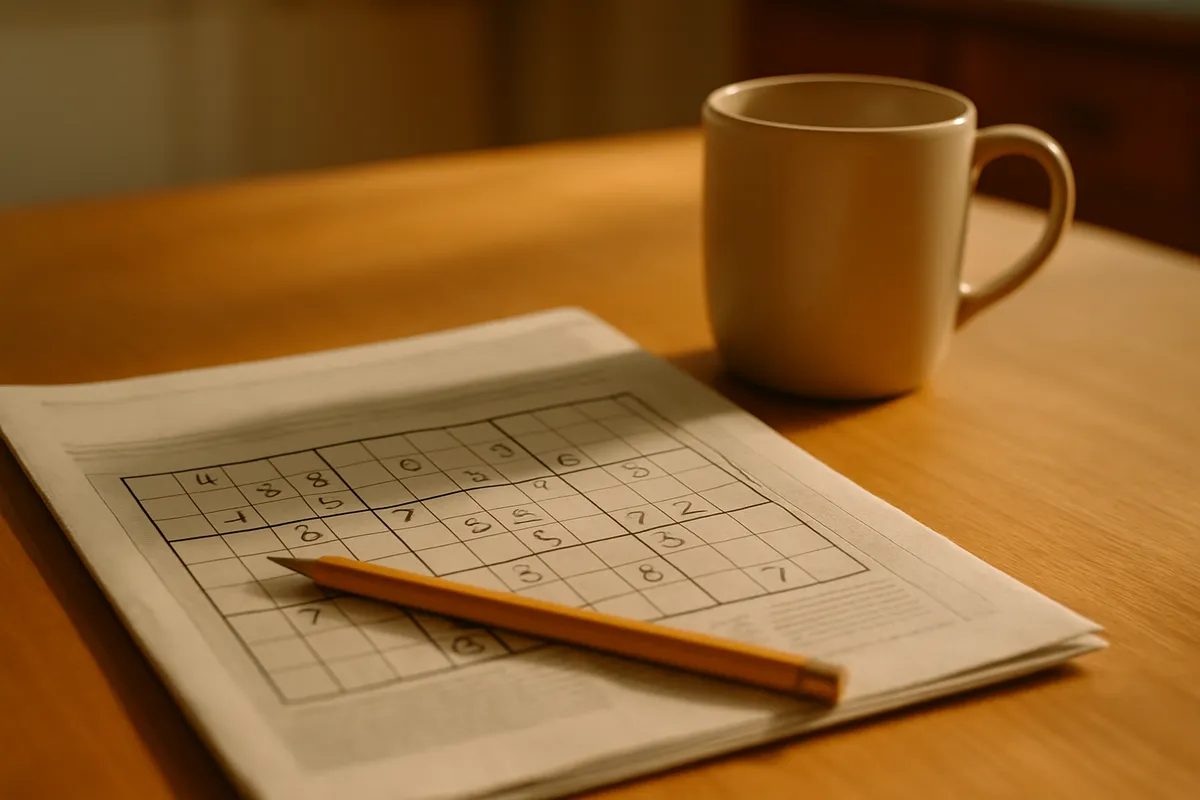 Partly completed sudoku grid in a newspaper with a pencil resting across it