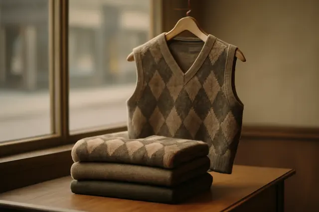 Folded stack of argyle and plain sweater vests on a wooden table with one on a hanger