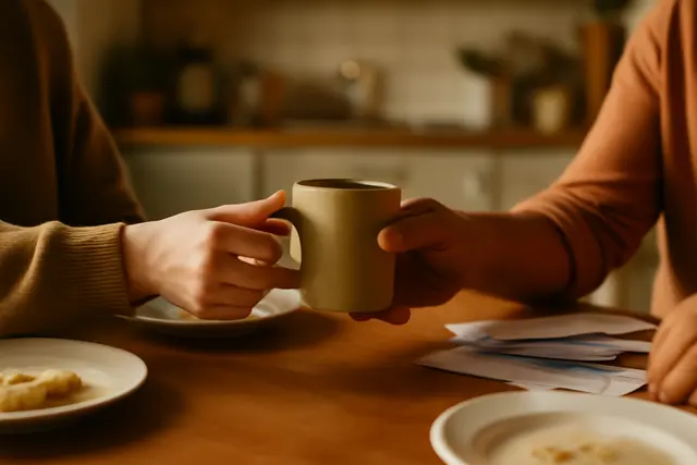 Two hands passing a mug across a kitchen table in morning light