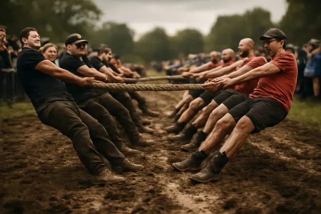 Two teams leaning back on a thick rope across a muddy field with boots dug into the ground