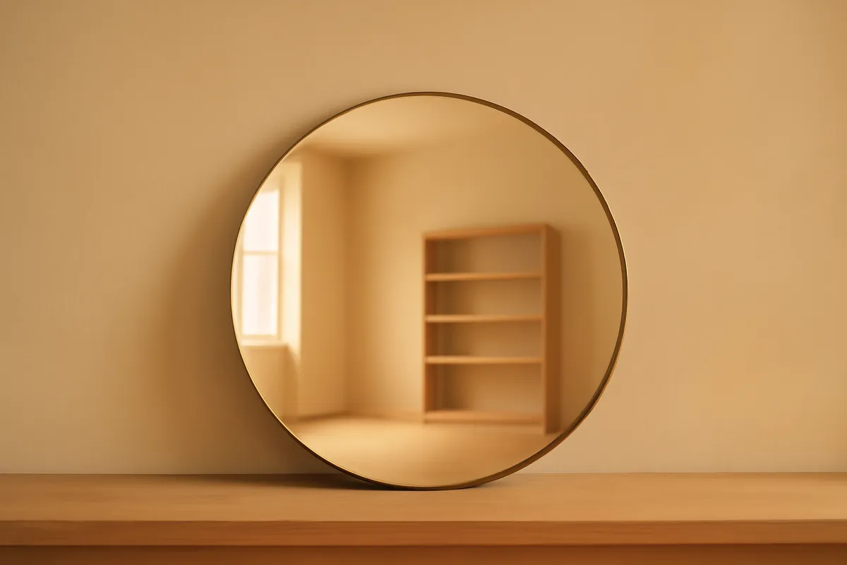 Plain round mirror propped on a shelf reflecting an empty room with a bookshelf behind