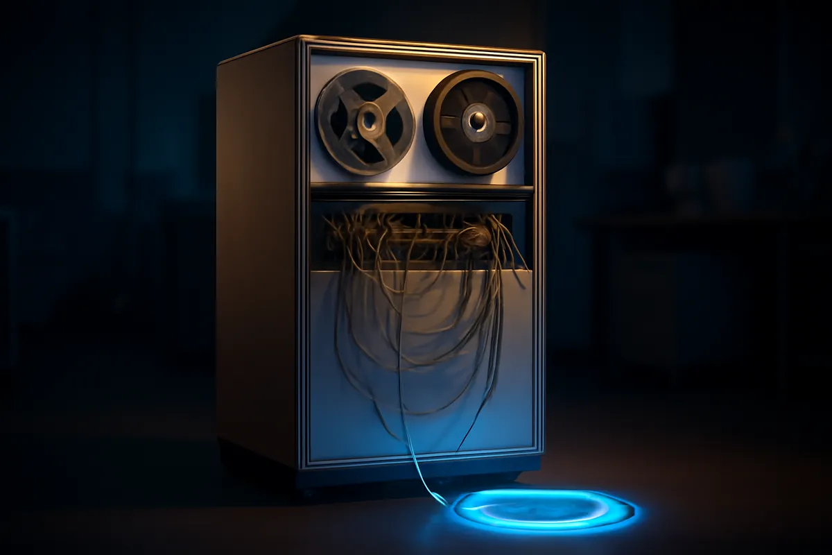 Vintage computer cabinet with reel tapes and patch cables beside a glowing fiber optic cable