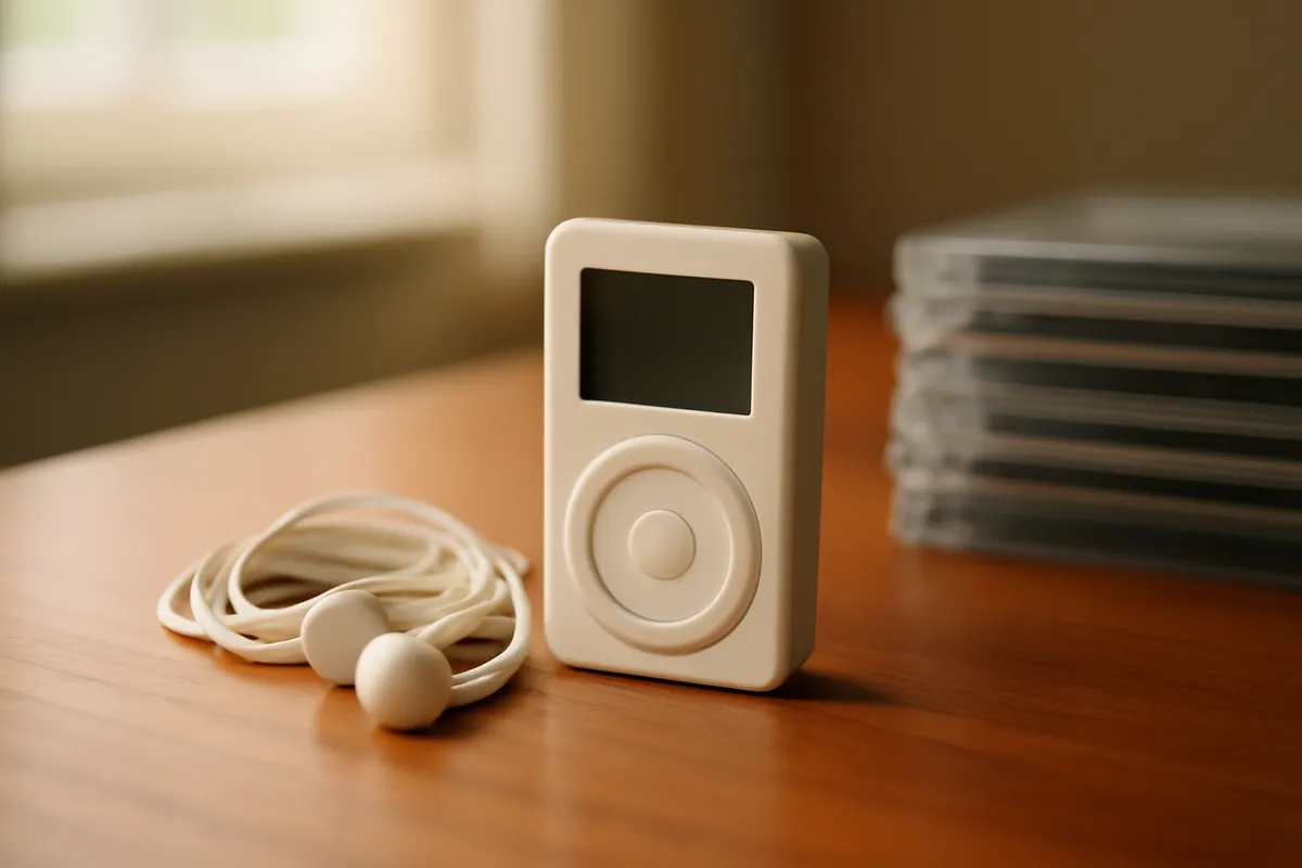 Small white music player with a circular wheel beside coiled earphones and a stack of CDs