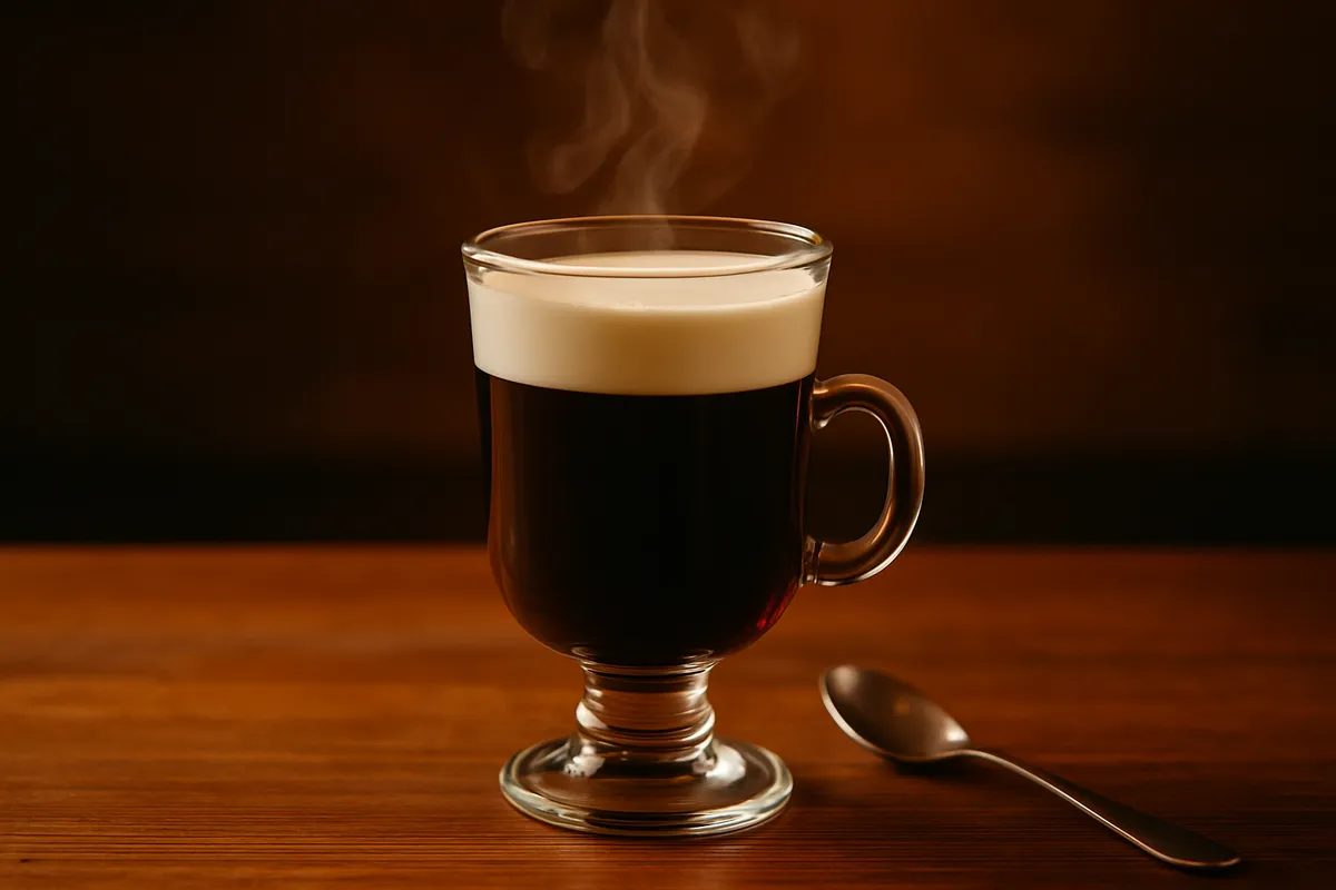 Footed glass of dark coffee with a white layer of cream floating on top, steam rising