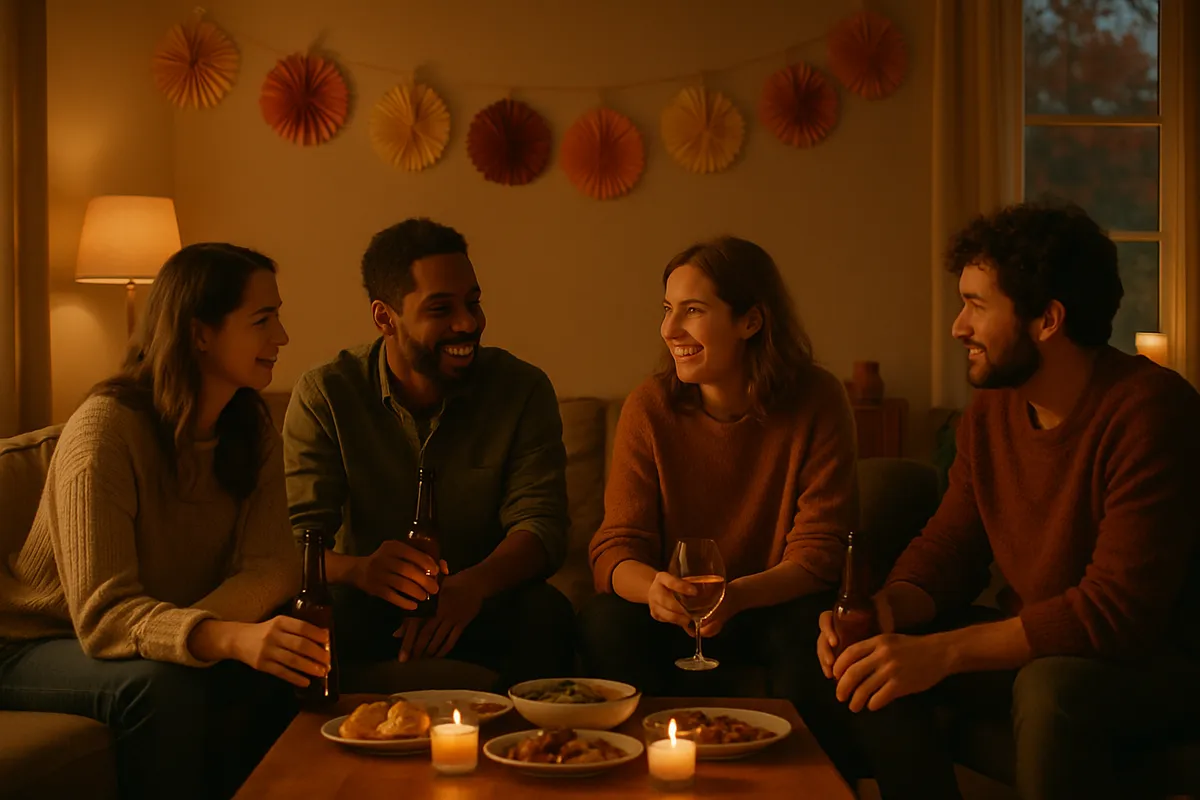 Friends gathered around a low table with drinks and shared plates in a warm living room