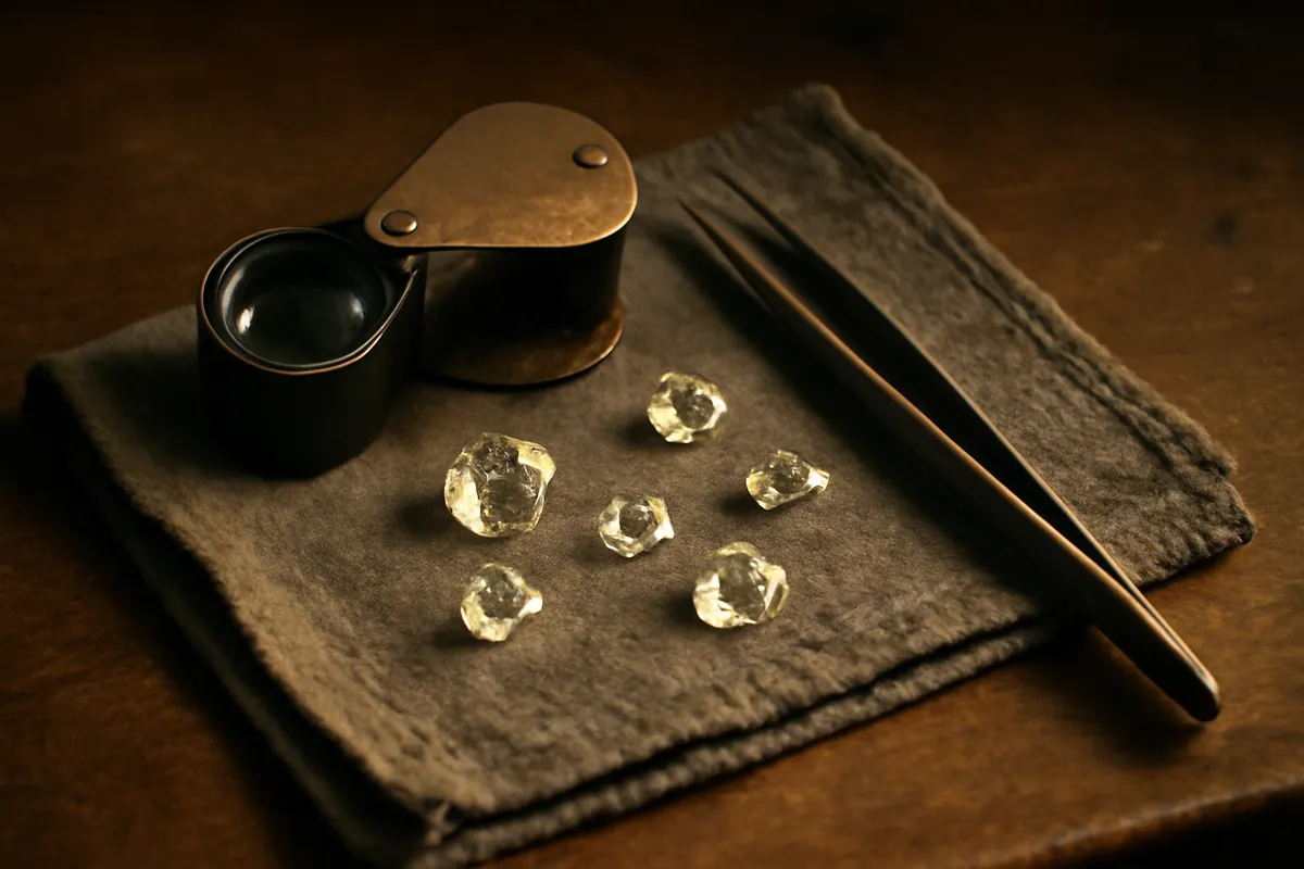 Jeweler's loupe and tweezers on a gray cloth beside several loose cut stones