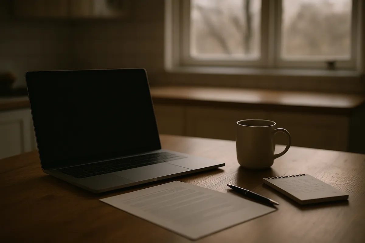 Laptop open beside a printed document, pen and coffee on a kitchen table in gray light