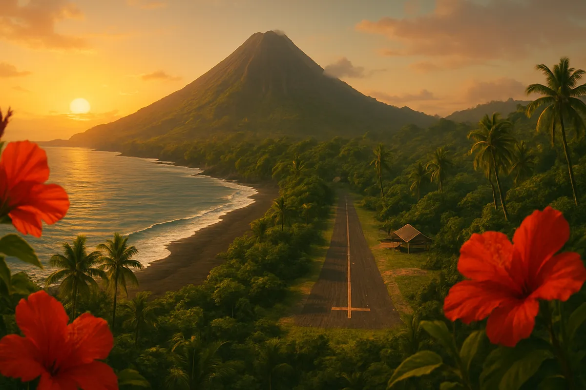 A tropical island with jungle, a black sand beach and a small airstrip at sunset