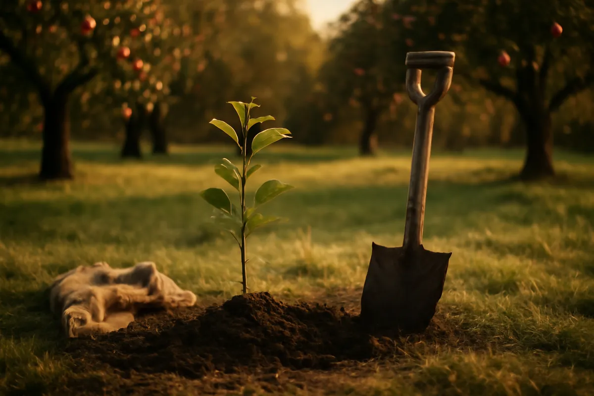 Newly planted apple sapling with a spade nearby and older fruit-laden trees behind