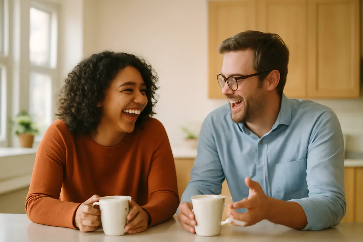 Two colleagues laughing together over a counter with mugs in a bright kitchen area