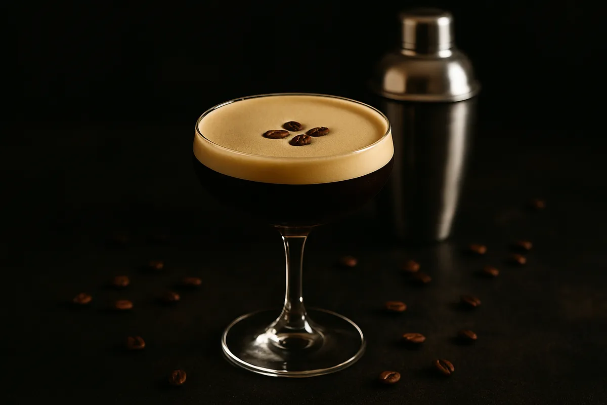 Coupe glass of dark coffee cocktail with pale crema foam and three coffee beans on top