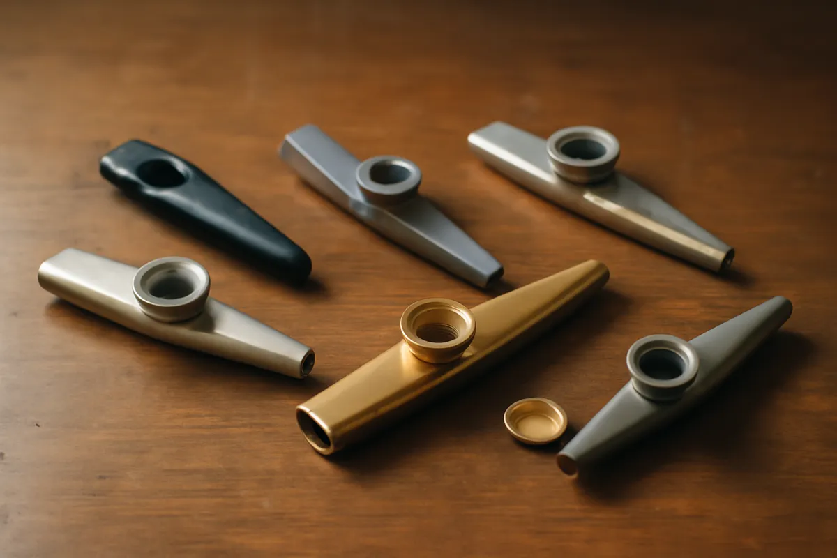 Metal and plastic kazoos on a wooden table with one membrane cap unscrewed beside them