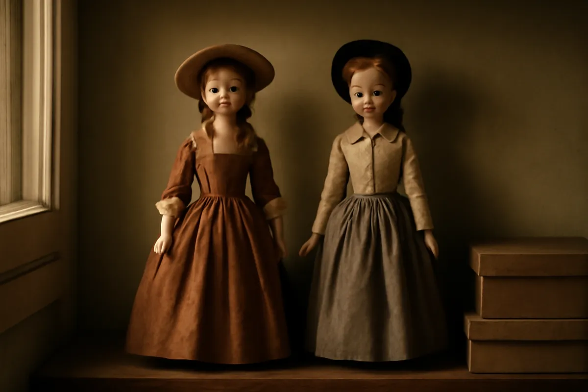 Pair of vintage fashion dolls standing side by side on a shelf in period outfits