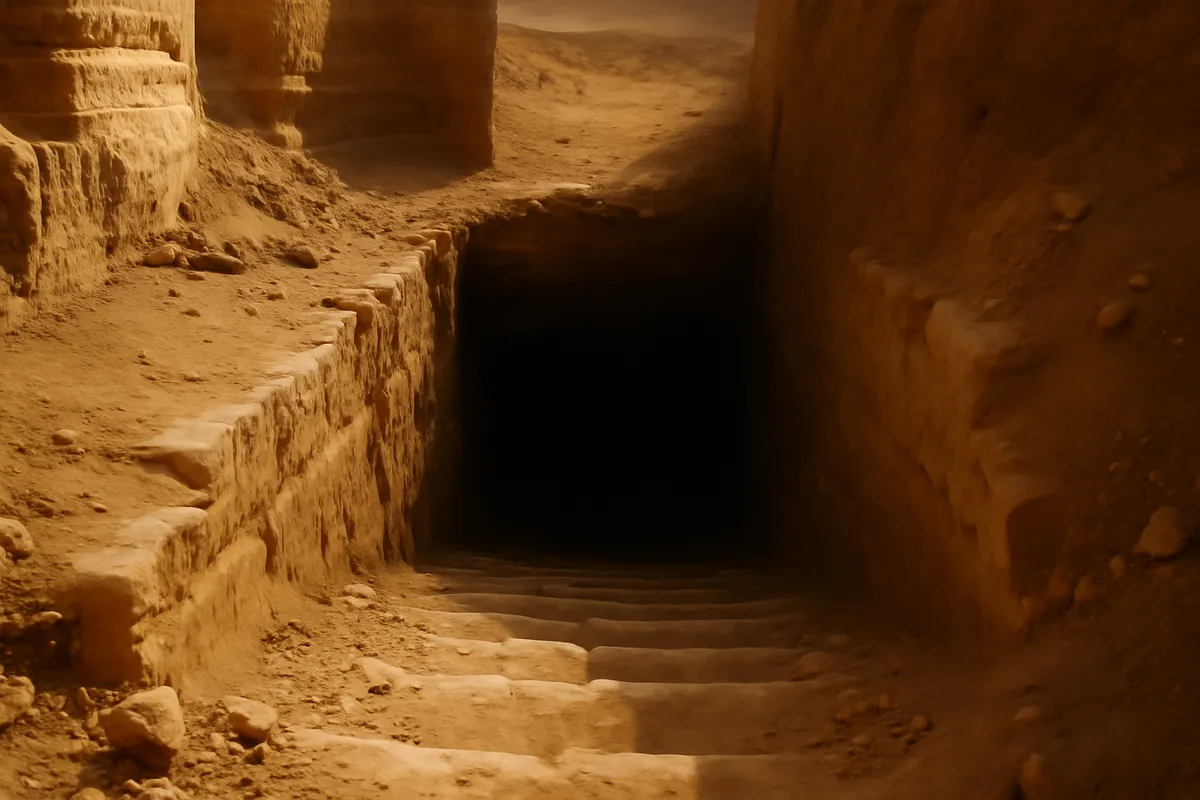 Narrow cut stone stairway descending into shadow in a sunlit desert valley