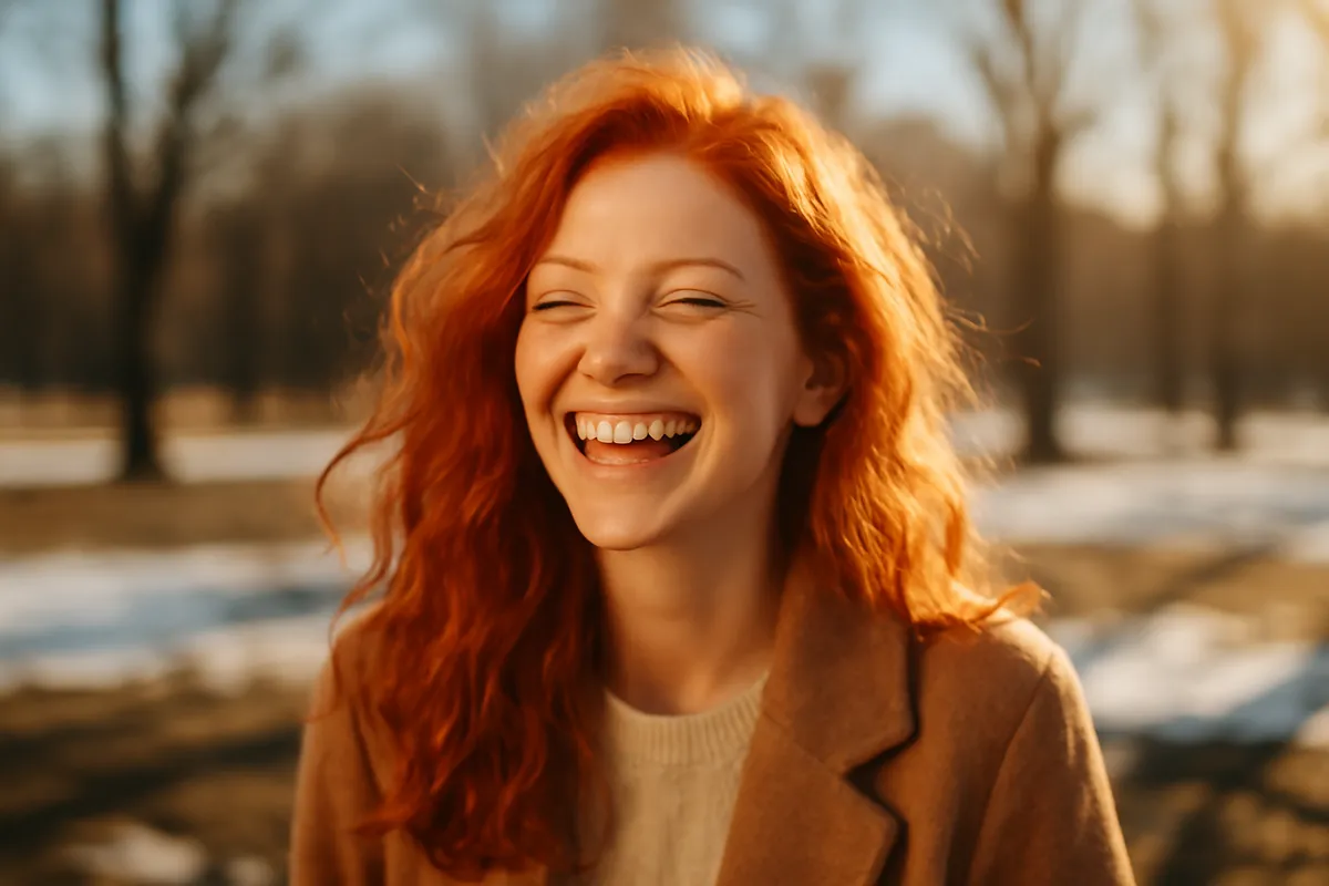 Red-haired person laughing outdoors with hair catching bright winter sunlight
