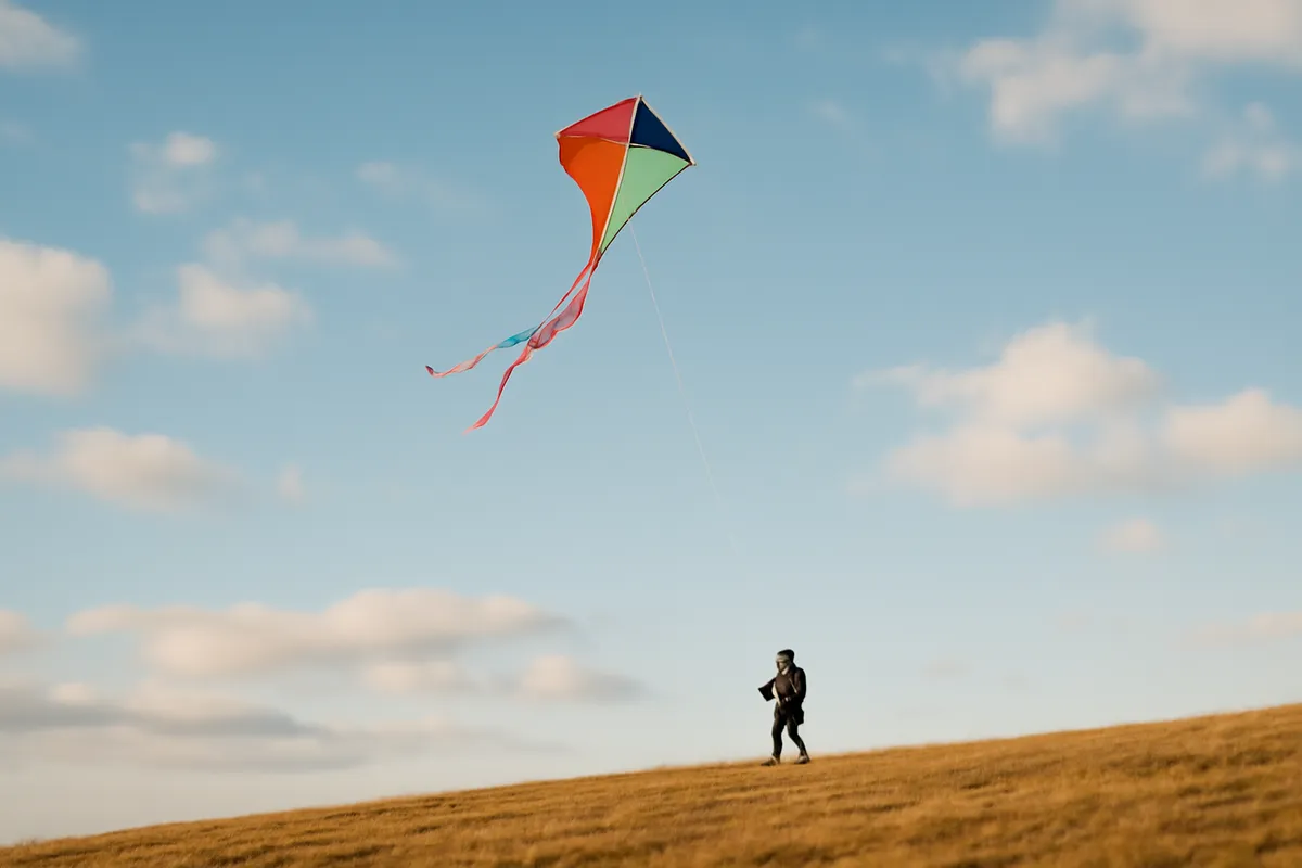 Bright diamond kite with streaming tail high above an open grassy hill in winter light