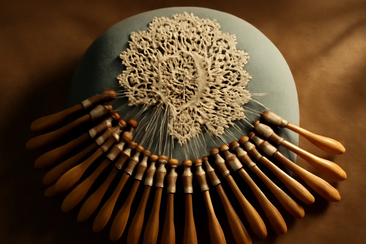 Cream bobbin lace in progress on a pillow with wooden bobbins and brass pins fanned around