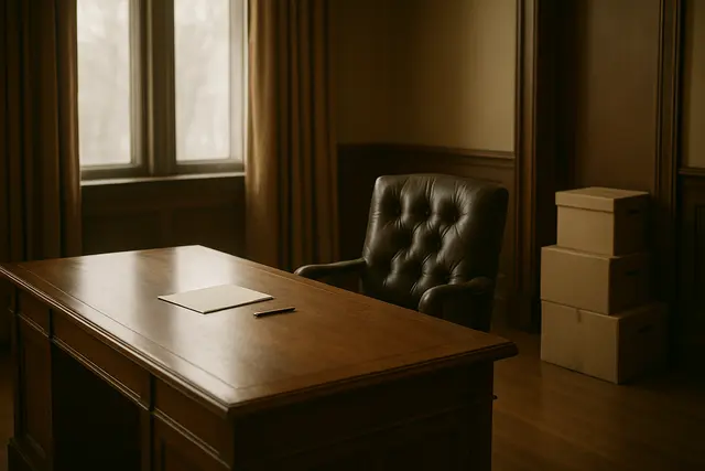 Empty formal office with a cleared desk, vacant chair and packed boxes near the door