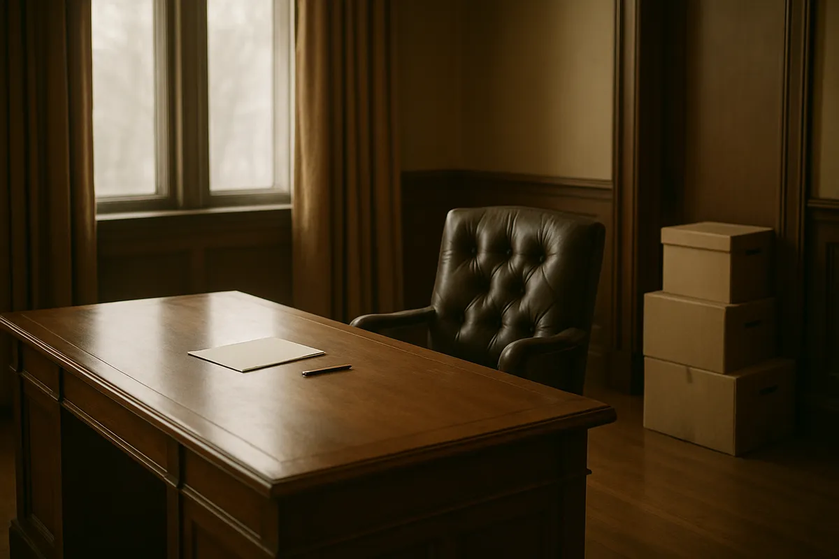 Empty formal office with a cleared desk, vacant chair and packed boxes near the door