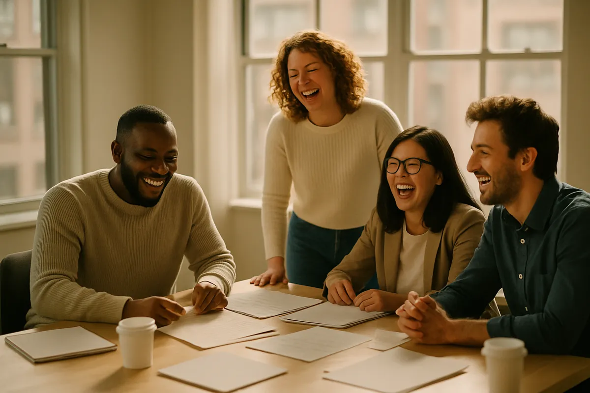 Colleagues laughing around a meeting room table scattered with papers and coffee cups