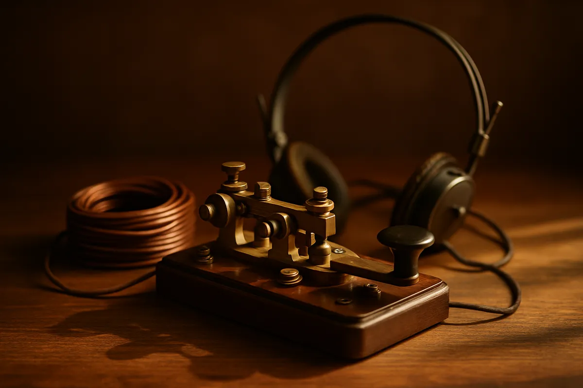 A vintage brass telegraph key with copper wire and old headphones