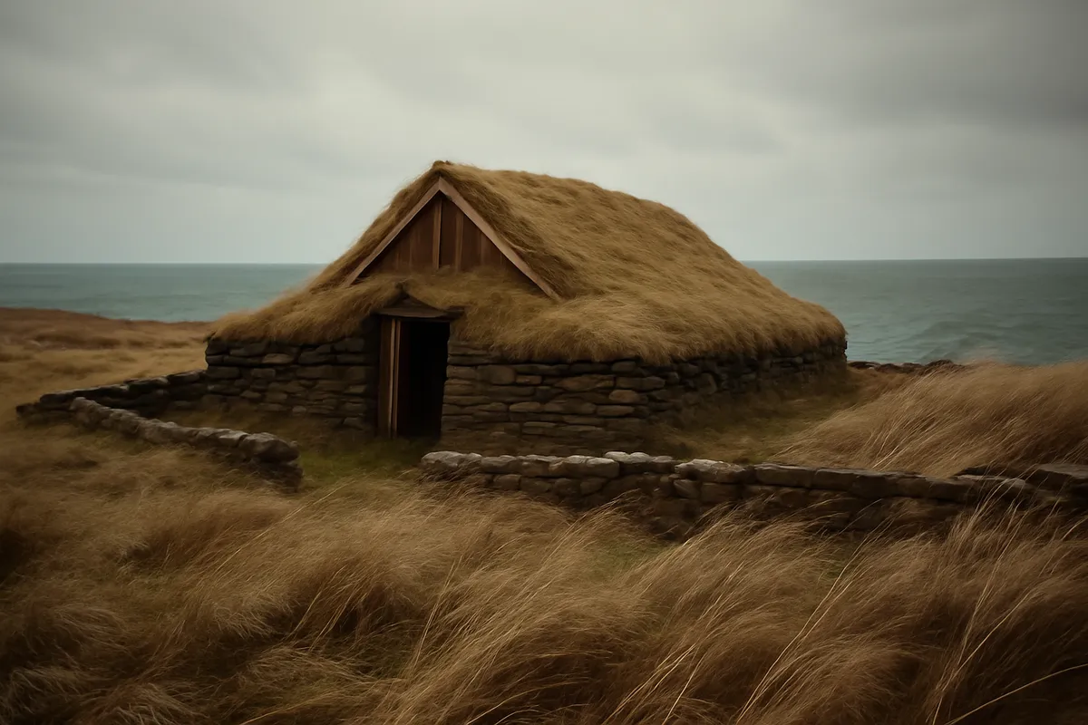 Reconstructed Norse turf longhouse on a windswept coastal meadow under a gray sky