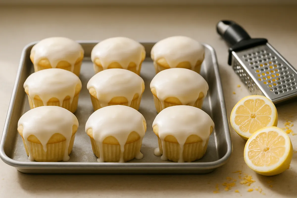 Tray of lemon cupcakes with white glaze beside a grater, halved lemons and scattered zest