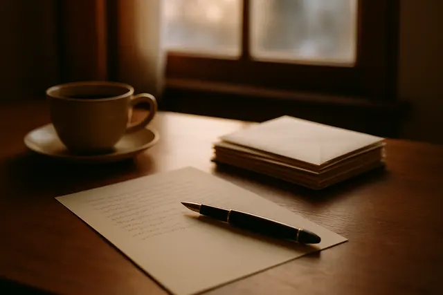 Half-written letter on cream paper with a fountain pen, addressed envelopes and a teacup