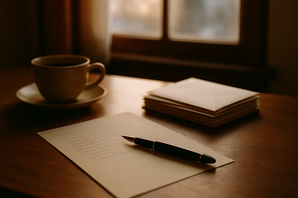 Half-written letter on cream paper with a fountain pen, addressed envelopes and a teacup