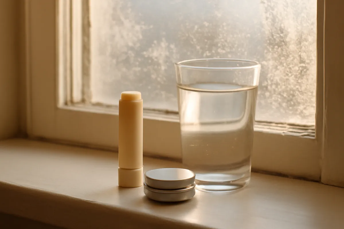 Tube of lip balm and a small tin on a windowsill beside a glass of water
