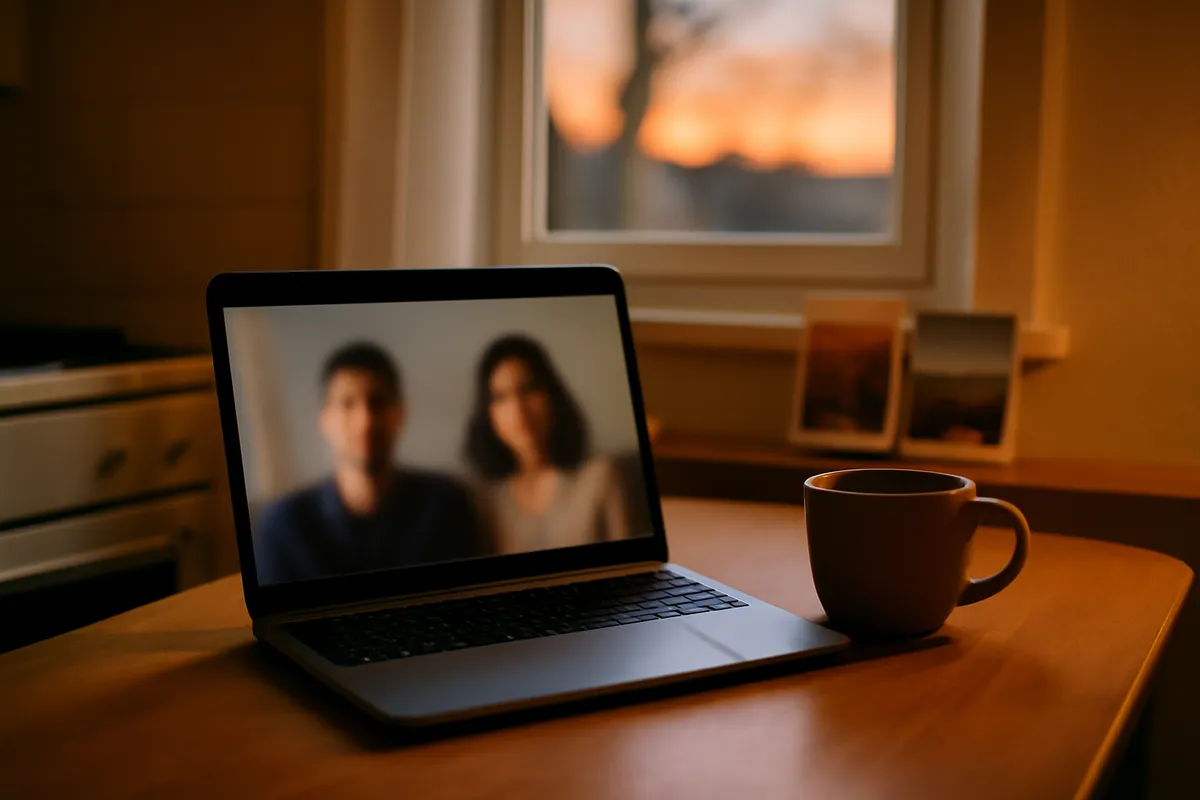 Laptop showing a blurred video call on a kitchen table with tea and postcards nearby