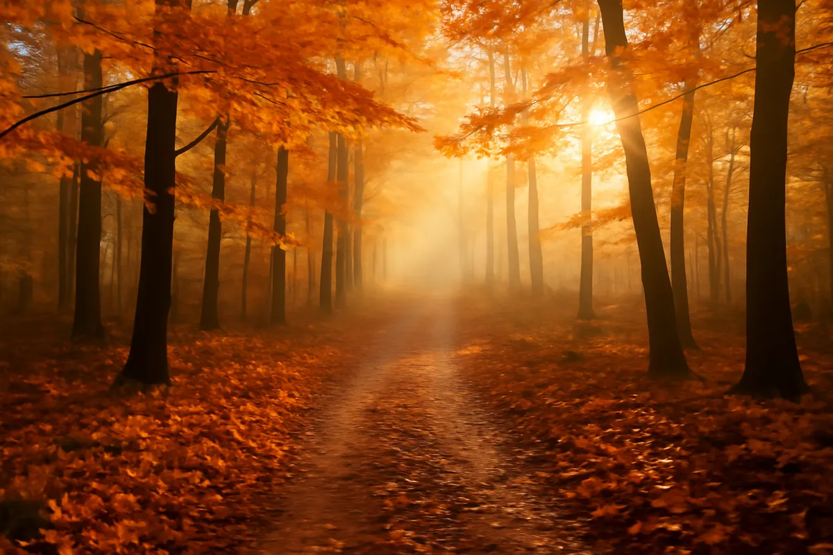 Dirt path winding through autumn woodland with golden leaves and low morning sun