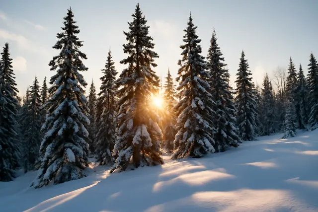 Stand of snow-laden spruce and fir on a hillside with low winter sun behind the trunks