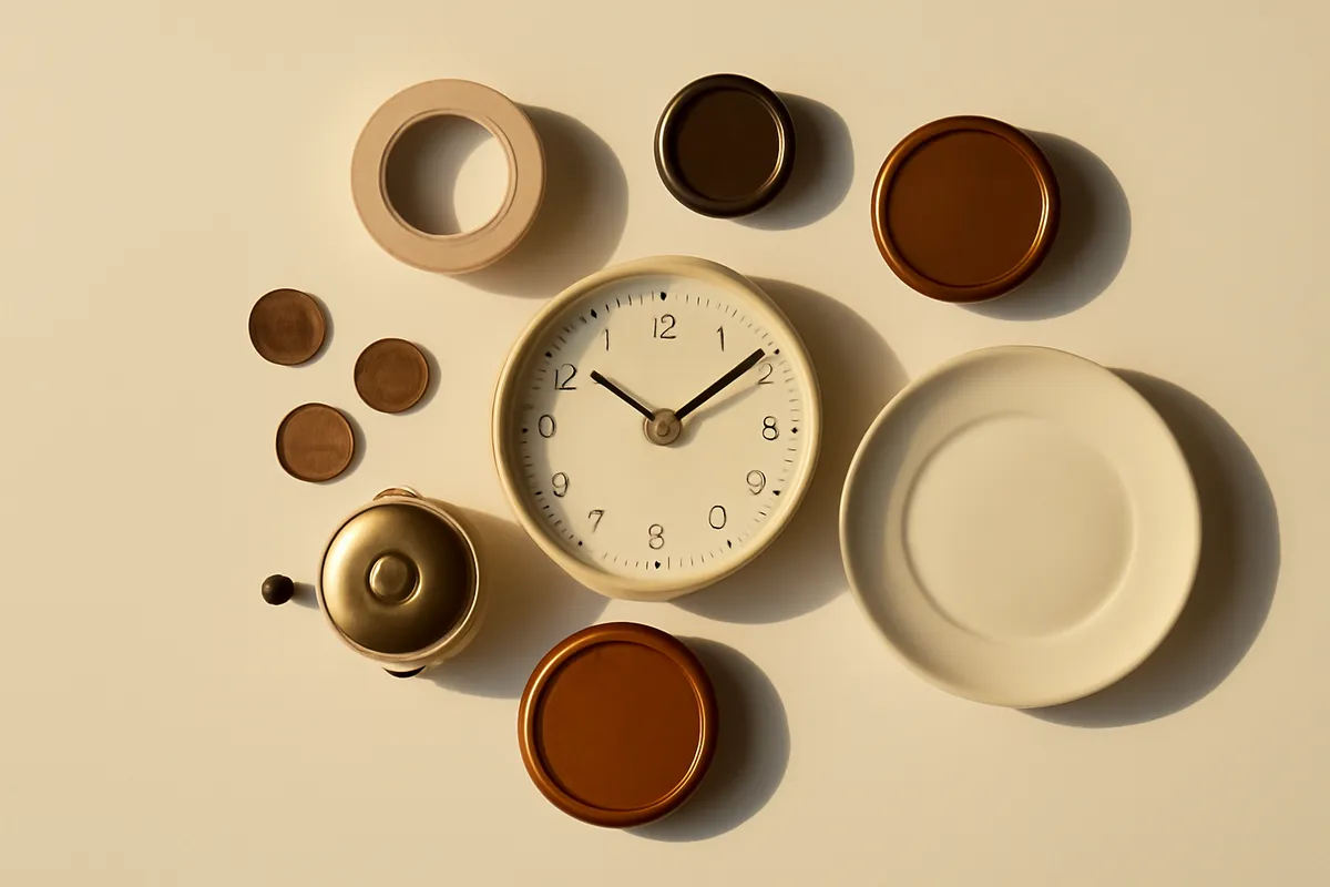 Overhead arrangement of circular objects including coins, a plate, jar lids and tape