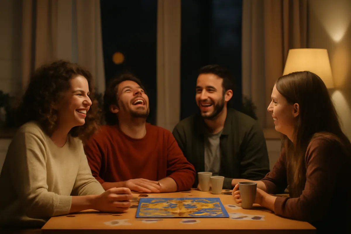 Friends laughing around a kitchen table with mugs and a half-finished board game