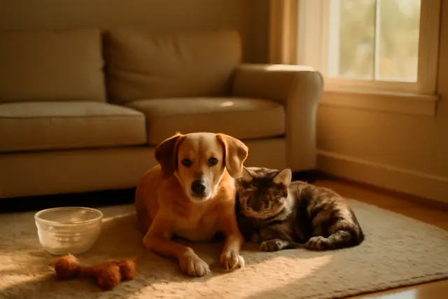 Dog and cat resting on a living room rug beside a measured bowl and a worn toy